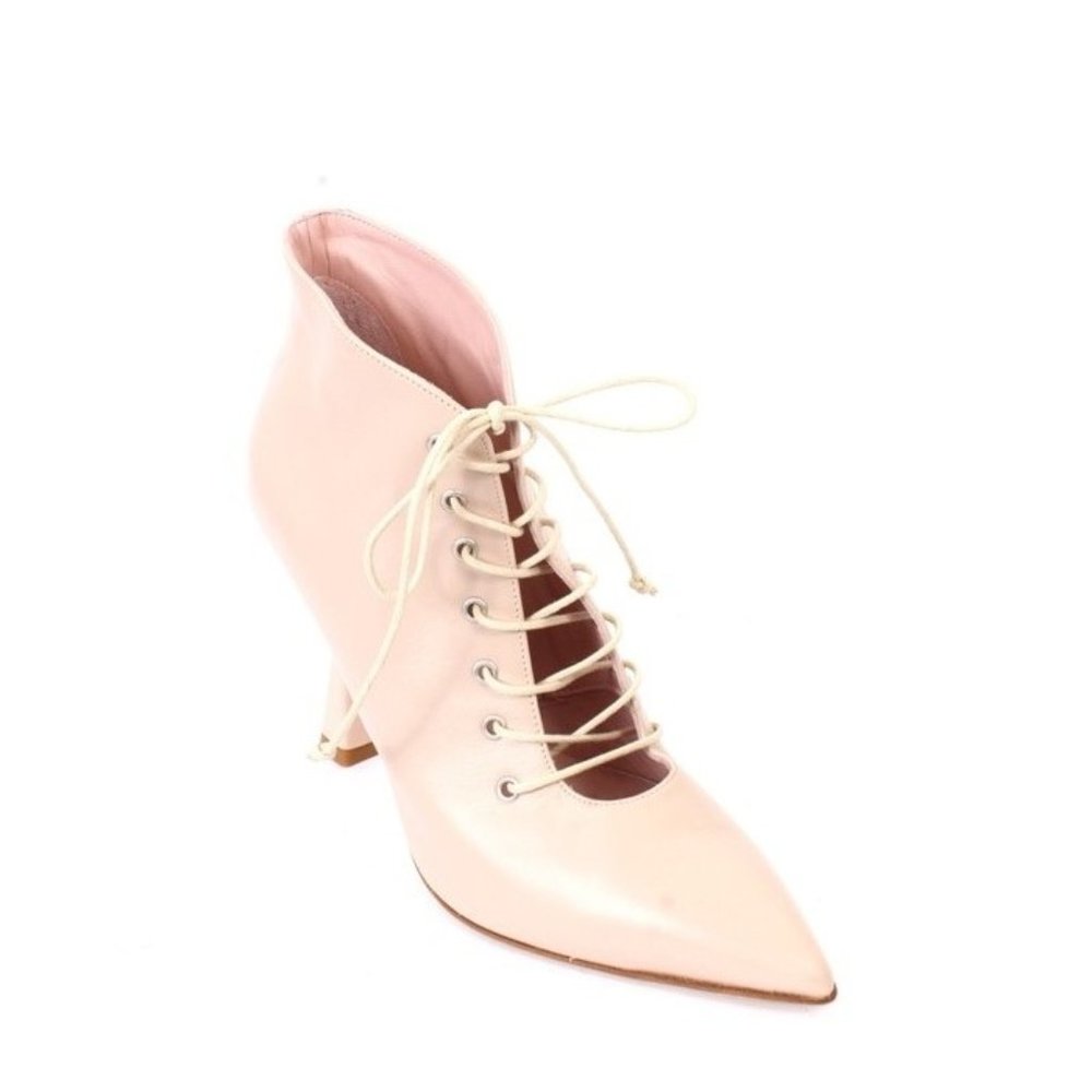 Fucsia 615 Beige Leather Lace-Up Zip-Up Ankle Pointy Heel Bootie